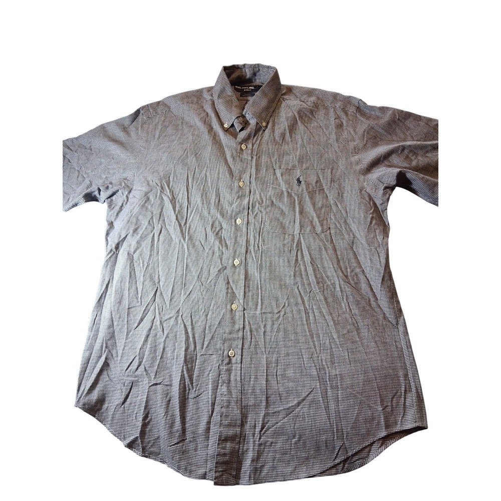 Ralph Lauren Tilden Gray Plaid Houndstooth BDC Short Sleeve Cotton Mens‎ Shirt M